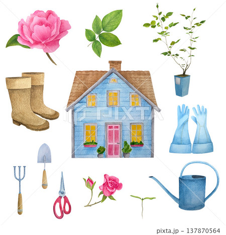 A set of gardening-themed illustrations: a blue house/cottage, a rose and bud, rose leaves, a sprout and a potted sapling, a watering can, rubber boots, gloves, pruning shears/garden shears, a hand A set of gardening-themed illustrations: a blue house/cottage, a rose and bud, rose leaves, a sprout and a potted sapling, a watering can, rubber boots, gloves, pruning shears/garden shears, a hand 137870564