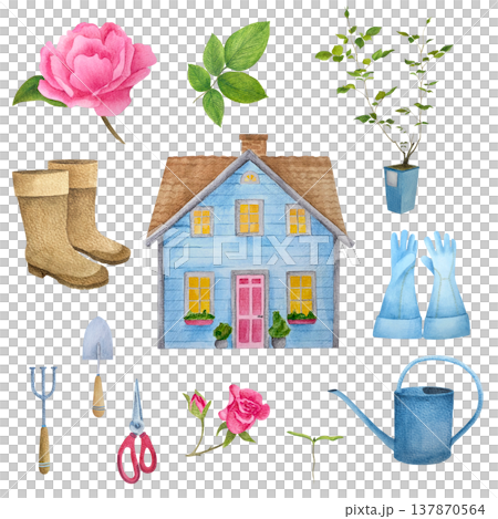 A set of gardening-themed illustrations: a blue house/cottage, a rose and bud, rose leaves, a sprout and a potted sapling, a watering can, rubber boots, gloves, pruning shears/garden shears, a hand A set of gardening-themed illustrations: a blue house/cottage, a rose and bud, rose leaves, a sprout and a potted sapling, a watering can, rubber boots, gloves, pruning shears/garden shears, a hand 137870564