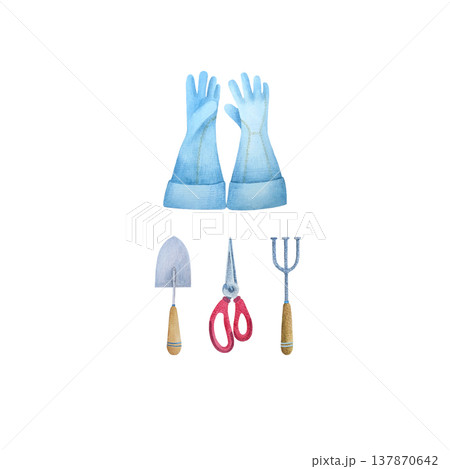 A set of gardening tools in watercolor: a pair of blue gloves with extended cuffs, a hand trowel, a mini rake/cultivator with three prongs, and pruning shears with pink handles. Isolated on a white A set of gardening tools in watercolor: a pair of blue gloves with extended cuffs, a hand trowel, a mini rake/cultivator with three prongs, and pruning shears with pink handles. Isolated on a white 137870642
