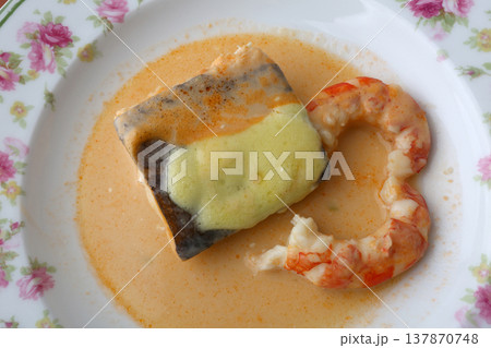 Traditional Cod with Prawns Seafood Dish 137870748