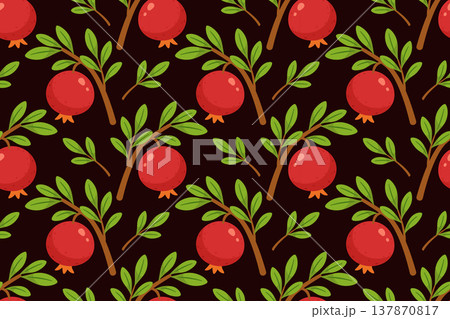 Seamless pattern with pomegranate fruits and leafy branches in flat vector style 137870817