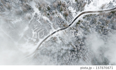 Aerial View of Winter Mountain Forest with Clouds 137870871