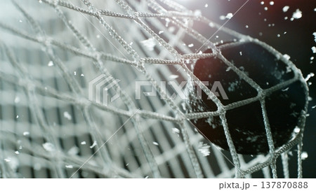 An ice hockey puck hitting the back of the net as it scores a goal 137870888