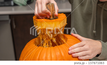 Person cutting open a pumpkin for Halloween preparation, revealing seeds and pulp inside, with kitchen countertop visible in the background 137871063