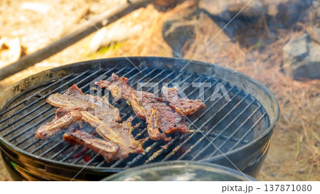 Grilled meat strips cooking on a charcoal barbecue grill outdoors, surrounded by natural elements and smoke rising in the air Grilled meat strips cooking on a charcoal barbecue grill outdoors, surrounded by natural elements and smoke rising in the air 137871080