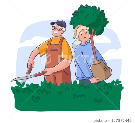 Gardener Team Planting Tree Cartoon 137871446