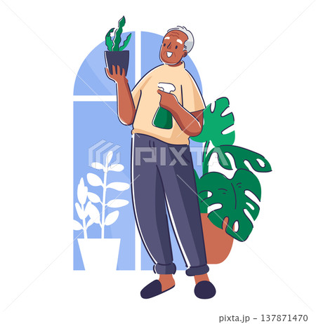 Gardener Watering Houseplant Cartoon Style 137871470