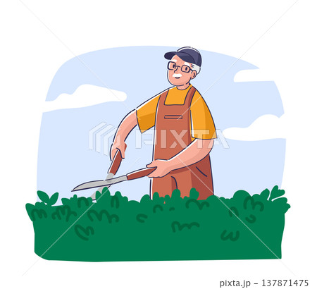 Gardener Trimming Hedge Cartoon Style Gardener Trimming Hedge Cartoon Style 137871475