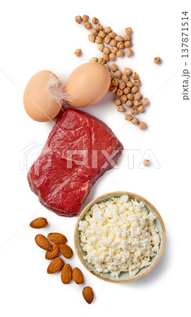 Assortment of High Protein Foods Isolated on White Background. Top View Assortment of High Protein Foods Isolated on White Background. Top View 137871514