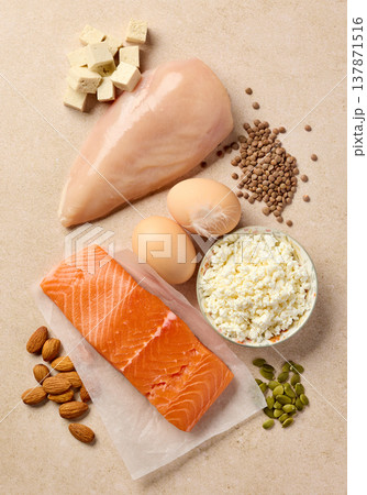 High Protein Food Sources on Stone Background. Top View High Protein Food Sources on Stone Background. Top View 137871516