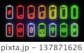 Neon battery indicators with various charging stages and status symbols. Bright glowing energy icons on dark brick wall background. Ideal for electricity 137871626