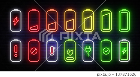 Neon battery indicators with various charging stages and status symbols. Bright glowing energy icons on dark brick wall background. Ideal for electricity 137871626