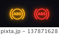 Neon ABS brake system icons with glowing circular design. Bright warning indicators for vehicle safety and control system. Perfect for dashboard alerts and automotive interface. 137871628