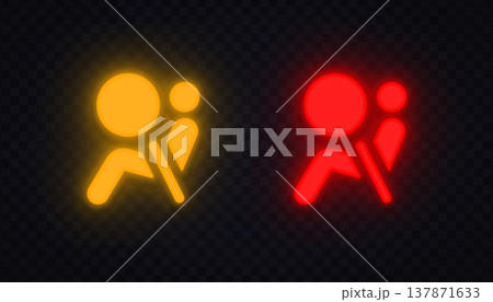 Neon airbag warning icons in yellow and red glowing style. Safety symbols showing collision protection system alerts. Perfect for dashboard interface and vehicle safety design. 137871633