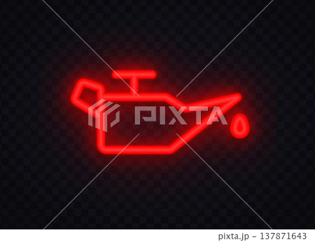 Neon oil pressure warning icon with glowing red outline. Automotive symbol showing low oil level and engine risk. Perfect for dashboard alerts and maintenance design. 137871643