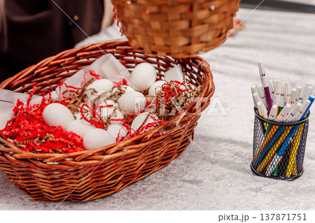 Decorative Market Display. Colorful Market Presentation Featuring Eggs And Decorative Paper 137871751