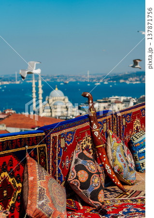 Vivid Turkish Rooftop Scene. Picturesque Terrace Overlooking Istanbul With Crafts And Seagulls Vivid Turkish Rooftop Scene. Picturesque Terrace Overlooking Istanbul With Crafts And Seagulls 137871756