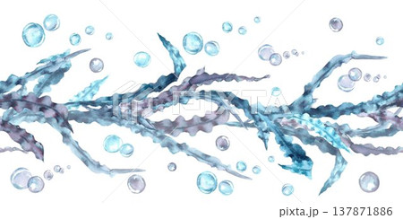 A seamless horizontal border of blue, silver, and gray wavy seaweed and bubbles, hand-drawn in watercolor on an isolated background. Simple clip art of underwater objects for design and decoration. 137871886