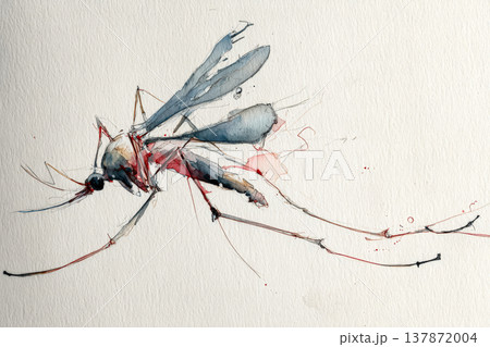 Watercolor illustration of a mosquito with delicate details and vibrant colors showcasing nature's intricacies 137872004