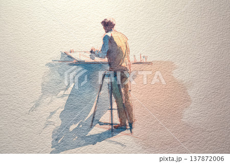 Artist Sketching at a Workbench in Soft Watercolors 137872006