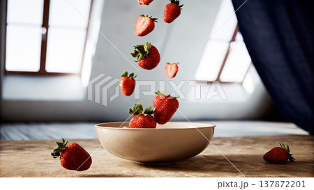 Fresh strawberries falling into a beige bowl on wooden table in bright indoor setting 137872201