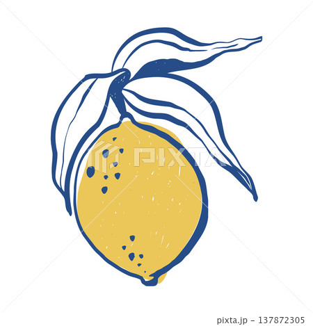Charming hand-drawn lemon, a citrus fruit in flat style in blue and yellow colors. Vector sketch illustration. Charming hand-drawn lemon, a citrus fruit in flat style in blue and yellow colors. Vector sketch illustration. 137872305