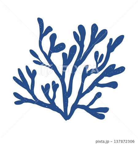 Seaweed silhouette, blue icon. Abstract shape, underwater plant. Coral illustration in sketch style isolated on white background. Vector illustration. 137872306