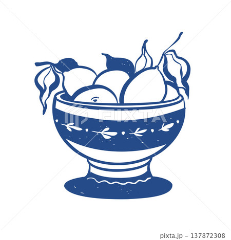 Illustration of lemons in a fruit bowl. A bowl of summer fruits. Citrus fruit in sketch line style in blue. Vector illustration. 137872308