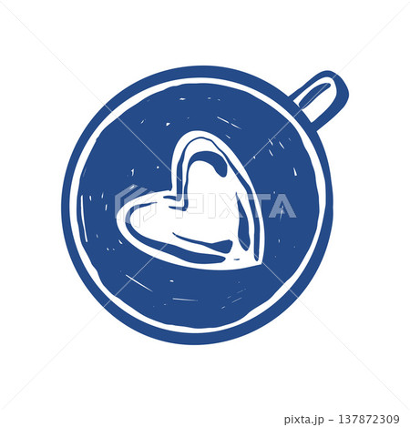 Hand-drawn illustration of a coffee cup with heart-shaped cream. Vector sketch in vintage style. Coffee mug clipart in a blue outline. Top view Hand-drawn illustration of a coffee cup with heart-shaped cream. Vector sketch in vintage style. Coffee mug clipart in a blue outline. Top view 137872309