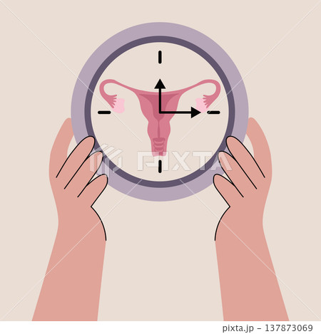 Vector illustration of gentle hands holding a clock with female reproductive system, representing women's health, fertility, and biological timing Vector illustration of gentle hands holding a clock with female reproductive system, representing women's health, fertility, and biological timing 137873069