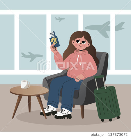 Young woman sitting in airport lounge with her passport and suitcase, waiting for flight. Vector illustration for travel and vacation concepts 137873072