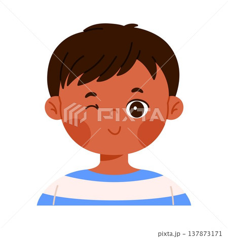 Cute happy little boy character winking. Facial expression concept. Friendly child avatar with positive emotion. Isolated vector illustration in cartoon style 137873171