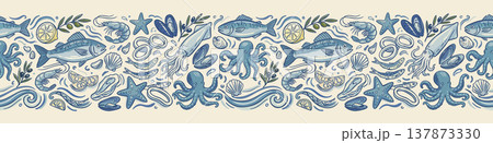 Decorative border with various seafood products. Blue and white vector handdrawn illustration Decorative border with various seafood products. Blue and white vector handdrawn illustration 137873330