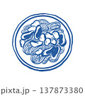 Pasta with mussels and oysters on a plate, top view, vector outline illustration. Italian pasta with seafood. Hand-drawn in a doodle style. Vector blue line art on a white background. 137873380