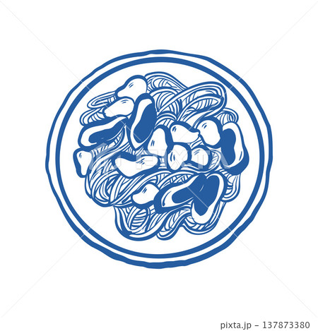 Pasta with mussels and oysters on a plate, top view, vector outline illustration. Italian pasta with seafood. Hand-drawn in a doodle style. Vector blue line art on a white background. 137873380