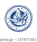 A plate of oysters, a vector outline illustration for a restaurant menu or logo. The drawing is hand-drawn in a doodle style. Vector blue line art on a white background. 137873381