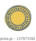 Hand drawn vector plate in blue and yellow . Whimsical retro style tableware illustration. Plate with an ornament in a hand-drawn outline sketch style. Top view 137873382