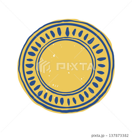 Hand drawn vector plate in blue and yellow . Whimsical retro style tableware illustration. Plate with an ornament in a hand-drawn outline sketch style. Top view Hand drawn vector plate in blue and yellow . Whimsical retro style tableware illustration. Plate with an ornament in a hand-drawn outline sketch style. Top view 137873382