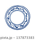 Hand drawn vector plate in blue. Whimsical retro style tableware illustration. Plate with an ornament in a hand-drawn outline sketch style. Top view 137873383