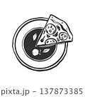 A slice of pizza on a plate, fast food. Vector outline illustration in black. Linear pizza clip art on a white background. 137873385