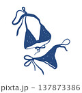 Bikini swimsuit sketch. Summer clothing and beach accessories, drawn on a white background. Hand-drawn vector illustration in blue sketch style. 137873386