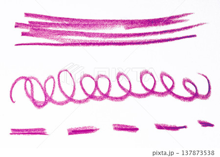 Abstract purple brushstrokes, spiral line and dotted strokes drawn with pencil on white background 137873538