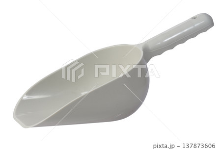 Universal plastic scoop for bulk products or feed in gray on an isolated background. Universal plastic scoop for bulk products or feed in gray on an isolated background. 137873606