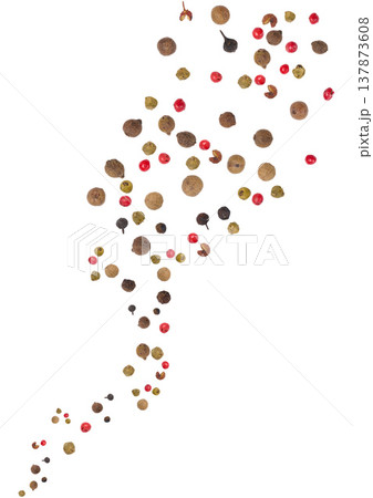 Multicolored peppercorns, including black, allspice, pink and green, scattered Multicolored peppercorns, including black, allspice, pink and green, scattered 137873608