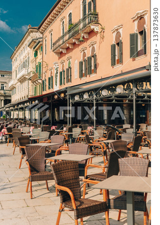 Empty street cafe in Verona old city, Italy. Beautiful sunny morning. 137873630