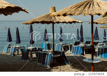 Empty beach near the old town of Budva, Montenegro. Empty beach near the old town of Budva, Montenegro. 137873634