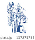 Architectural sketch. Hand-drawn illustration of Santorini Island, Greece. Line art illustration in blue, isolated on a white background. Hand-drawn travel postcard. Vector illustration. 137873735