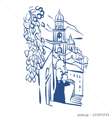 Architectural sketch. Hand-drawn illustration of Santorini Island, Greece. Line art illustration in blue, isolated on a white background. Hand-drawn travel postcard. Vector illustration. Architectural sketch. Hand-drawn illustration of Santorini Island, Greece. Line art illustration in blue, isolated on a white background. Hand-drawn travel postcard. Vector illustration. 137873735