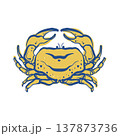 Vector flat sketch illustration of a crab on a white background. Clipart of a sea crab in blue and yellow. Seafood 137873736