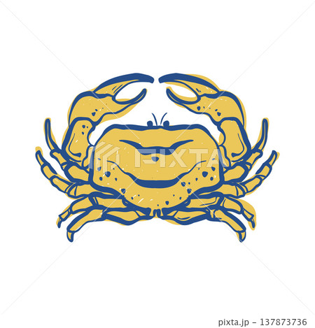 Vector flat sketch illustration of a crab on a white background. Clipart of a sea crab in blue and yellow. Seafood Vector flat sketch illustration of a crab on a white background. Clipart of a sea crab in blue and yellow. Seafood 137873736